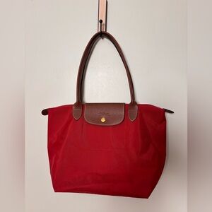 Longchamp Le Pliage Small Nylon Tote – Garance Red |brown leather Handles